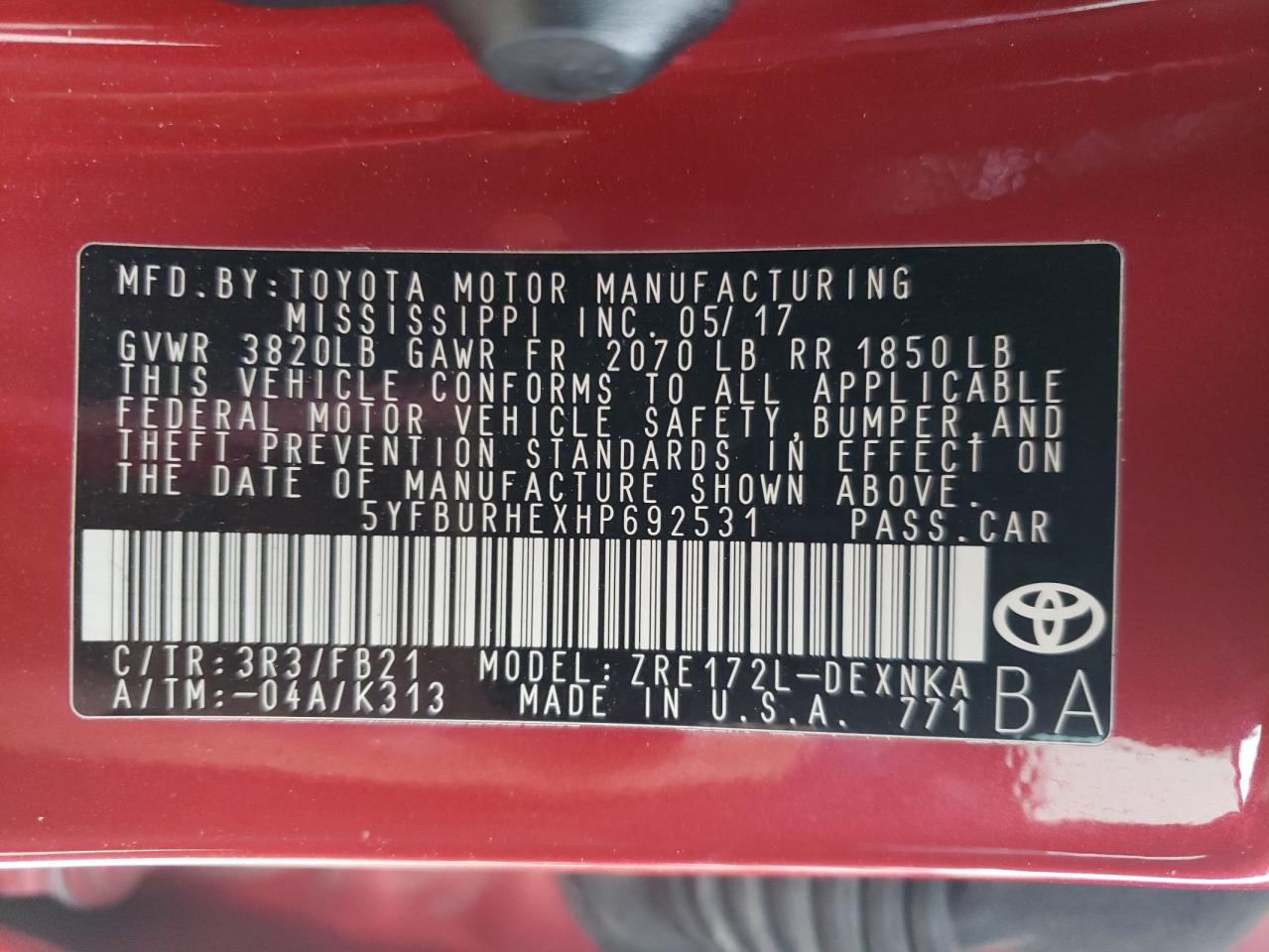 Photo 10 from auction – 2017 TOYOTA COROLLA L with VIN 5YFBURHEXHP692531