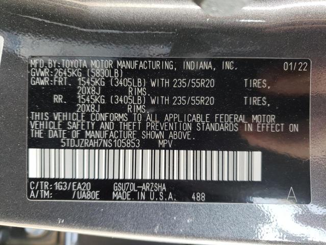 Photo 10 from auction – 2022 TOYOTA HIGHLANDER with VIN 5TDJZRAH7NS105853
