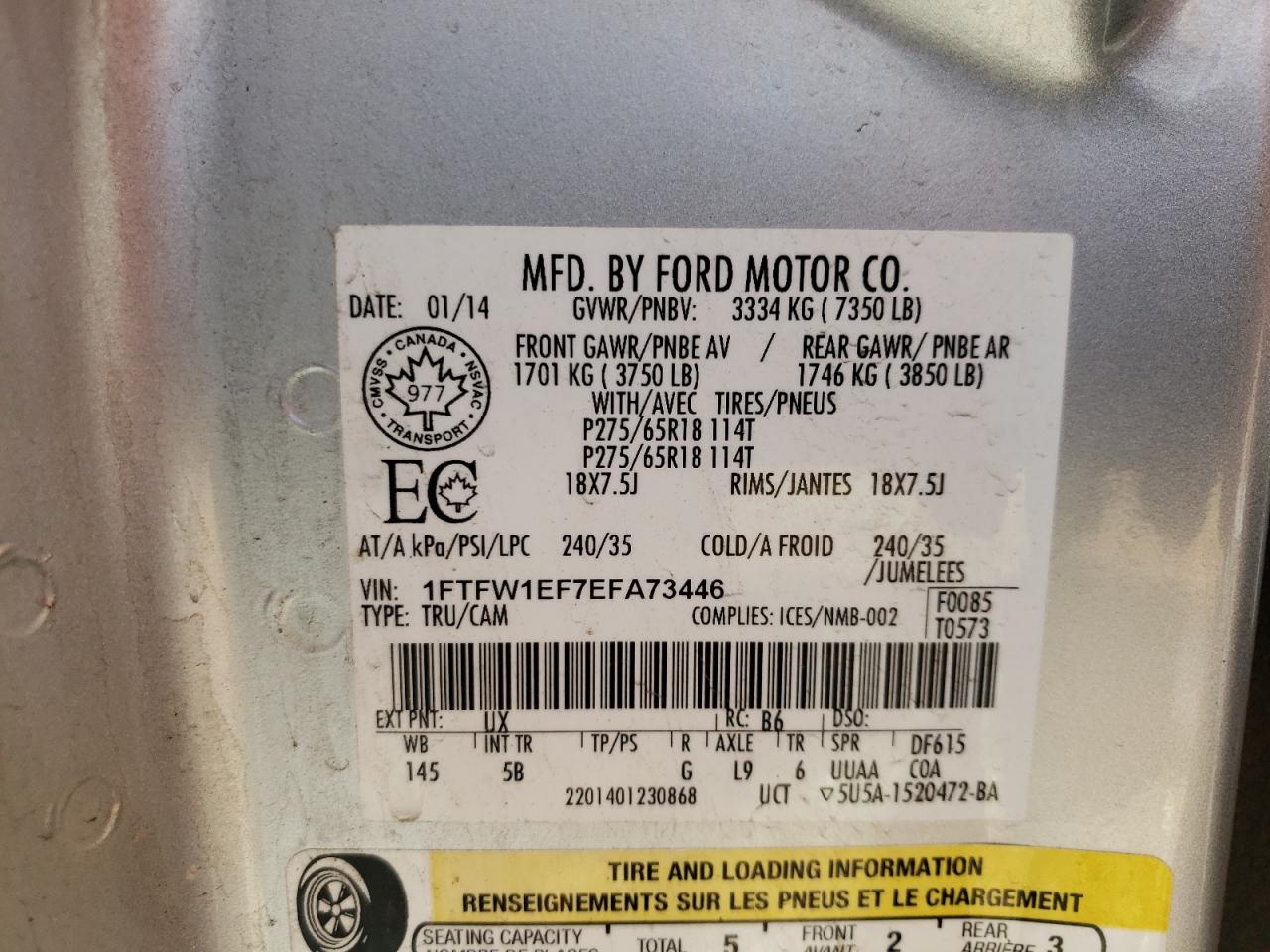 Photo 10 from auction – 2014 FORD F150 SUPER with VIN 1FTFW1EF7EFA73446