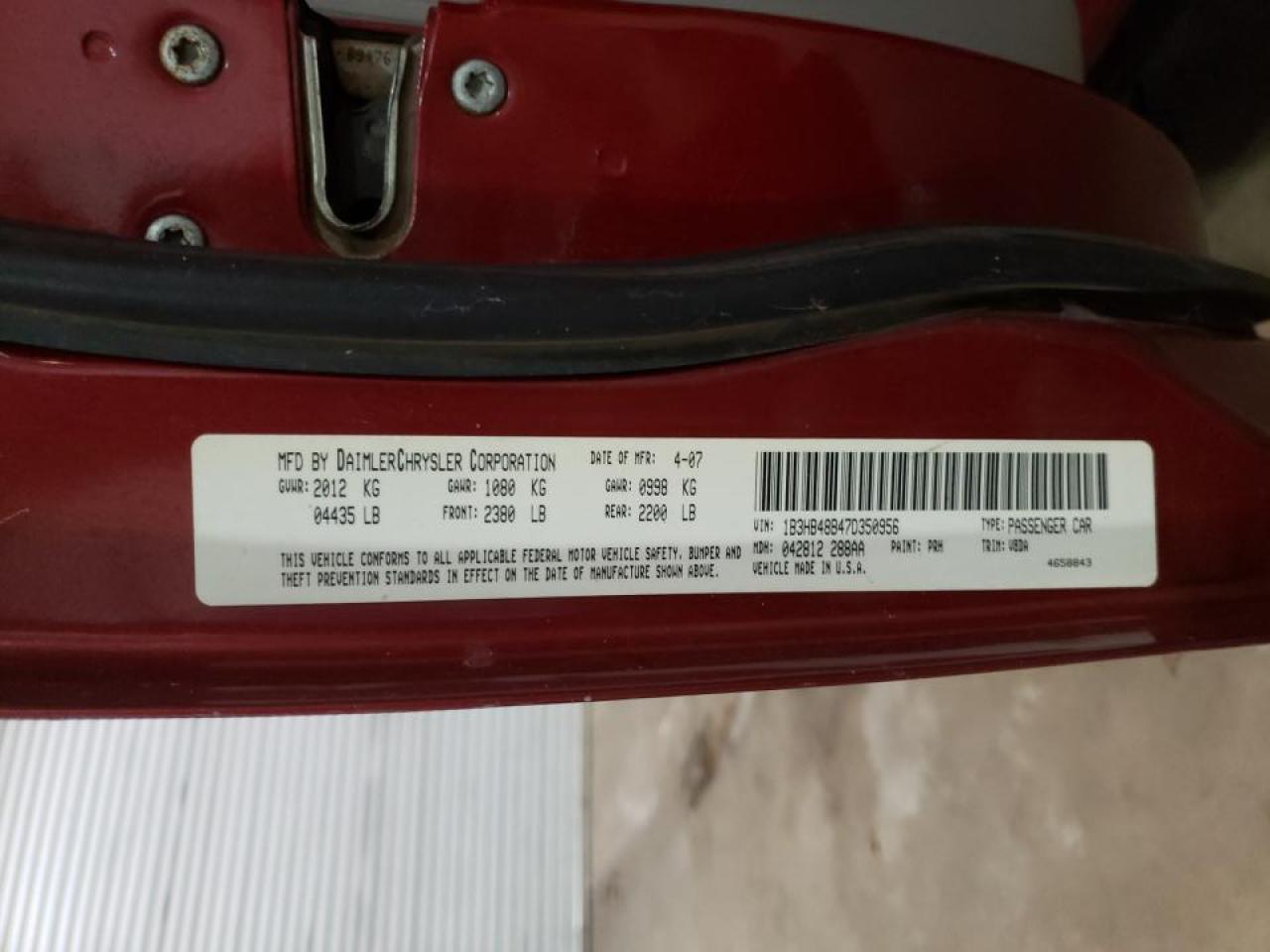 Photo 10 from auction – 2007 DODGE CALIBER SX with VIN 1B3HB48B47D350956