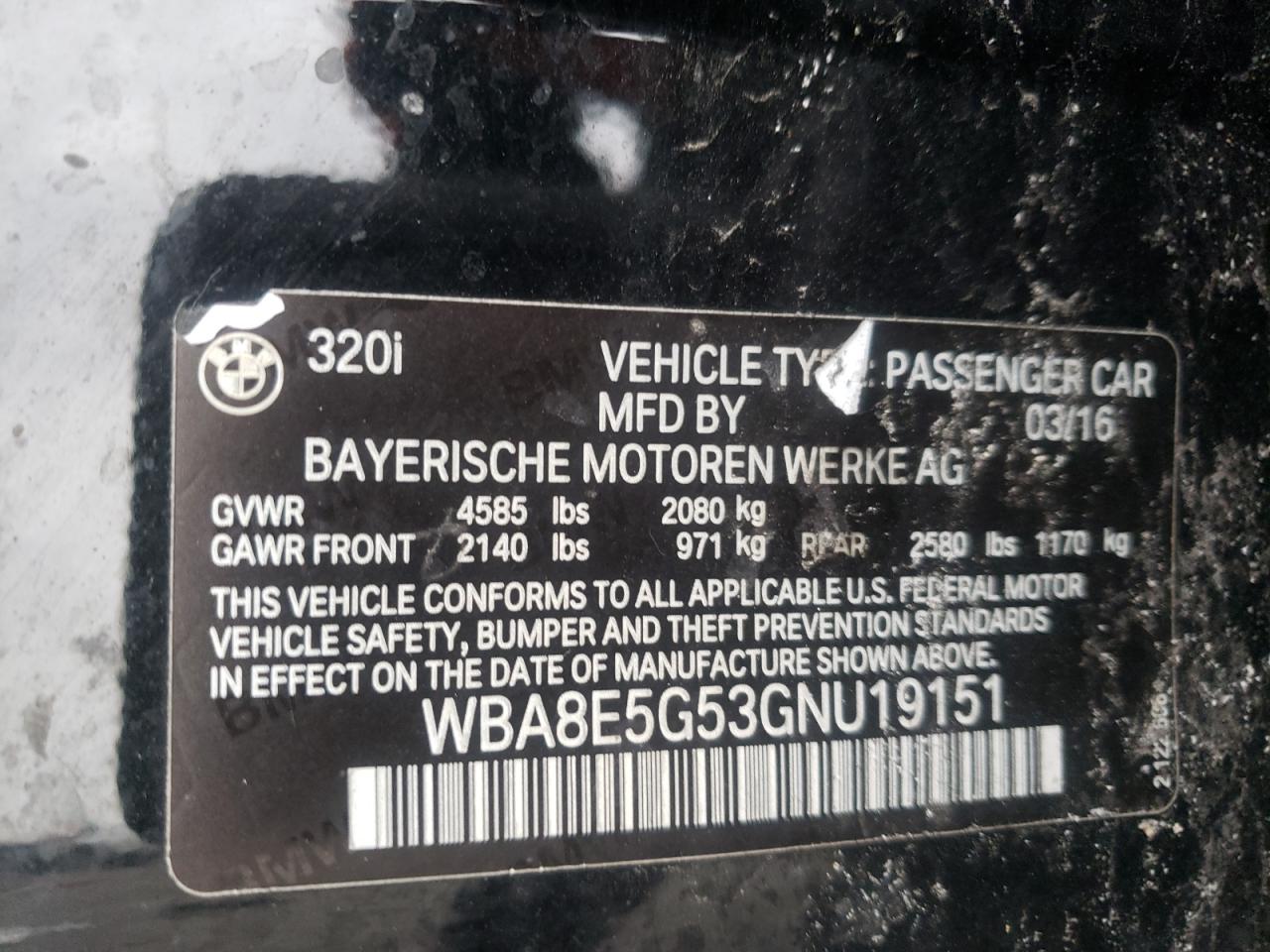 Photo 10 from auction – 2016 BMW 320 XI with VIN WBA8E5G53GNU19151