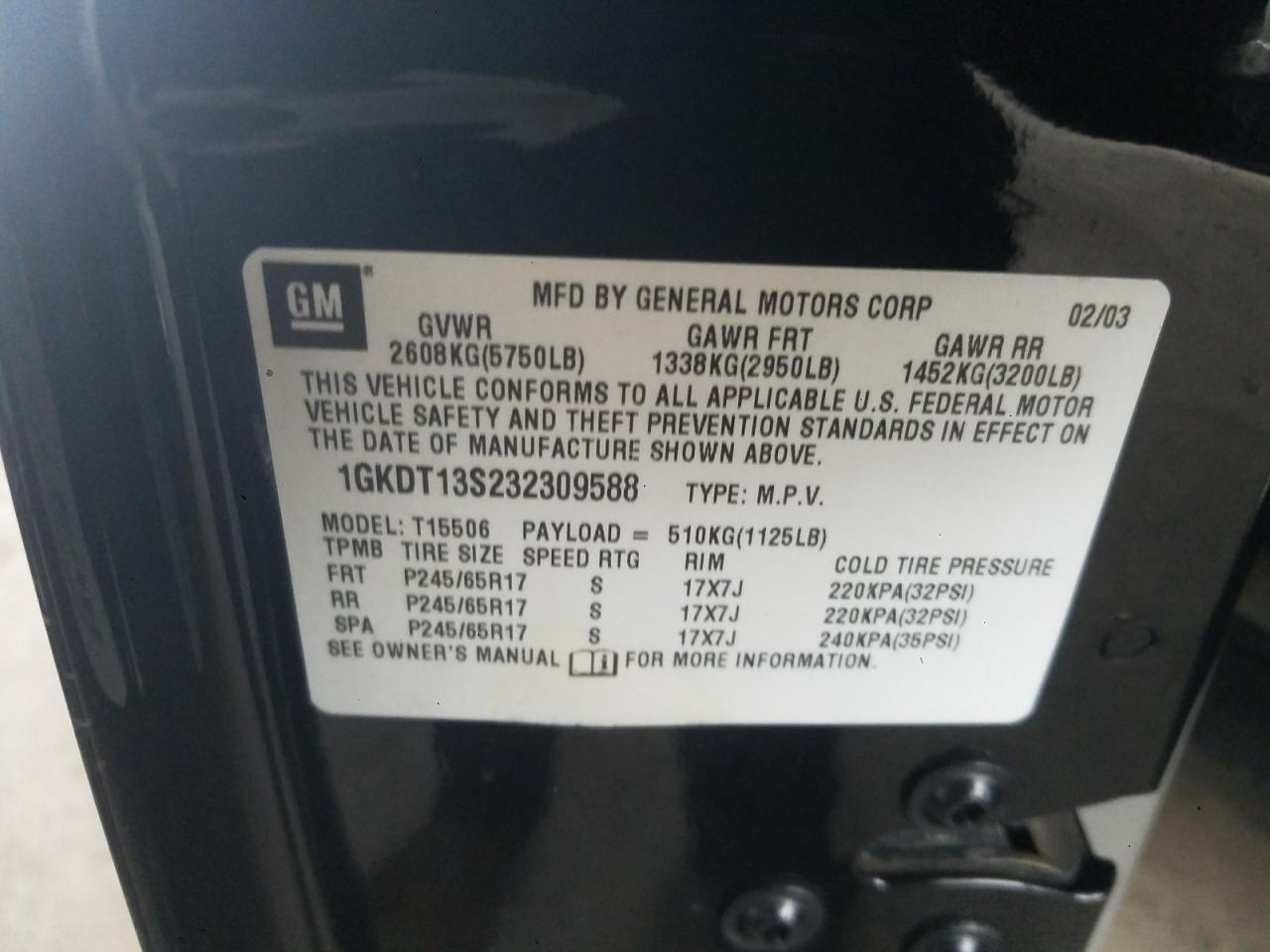 Photo 10 from auction – 2003 GMC ENVOY with VIN 1GKDT13S232309588