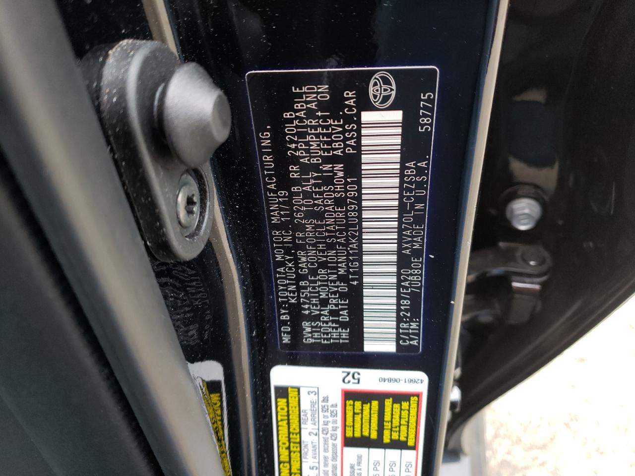 Photo 10 from auction – 2020 TOYOTA CAMRY SE with VIN 4T1G11AK2LU897901