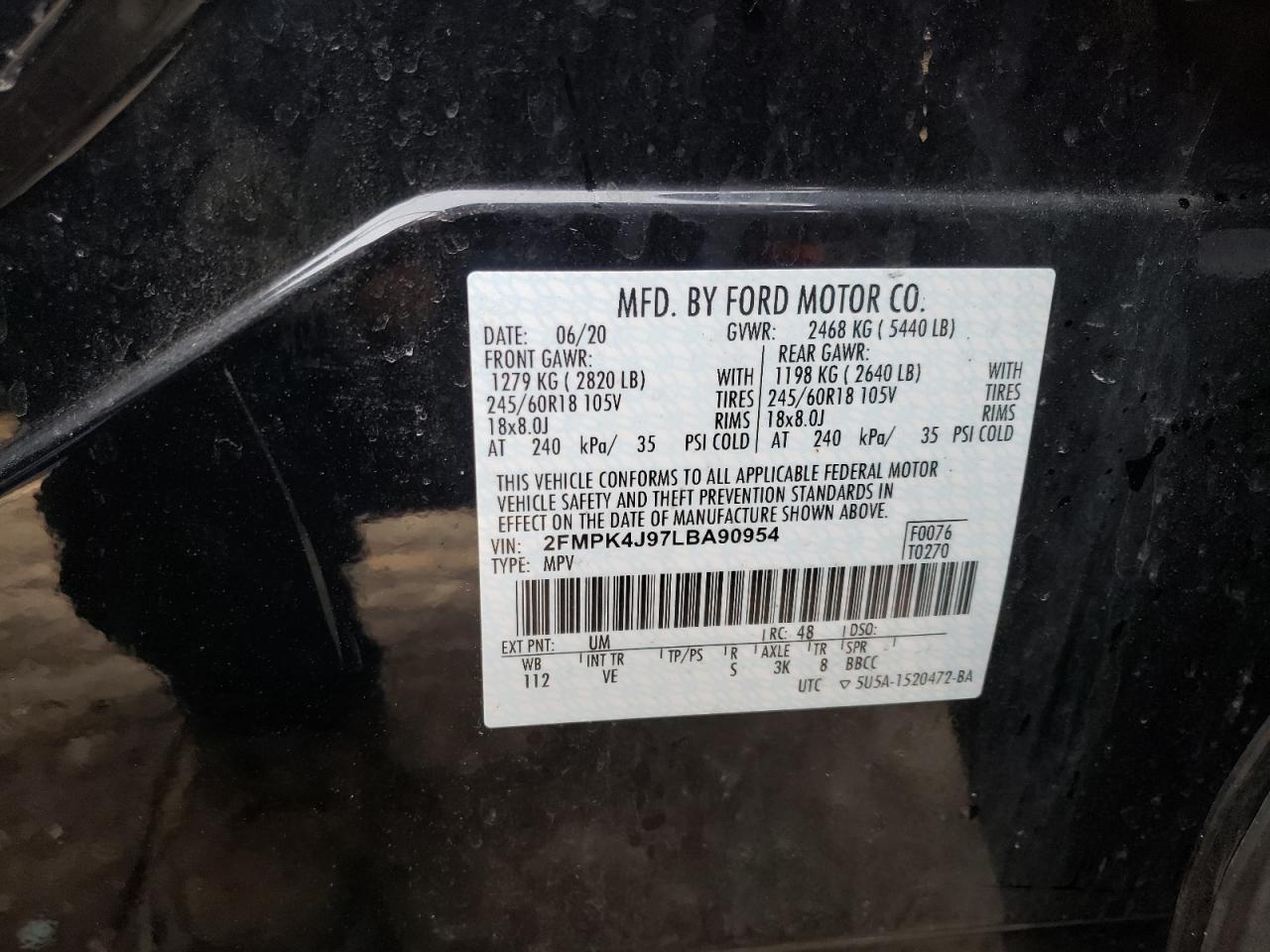 Photo 10 from auction – 2020 FORD EDGE SEL with VIN 2FMPK4J97LBA90954