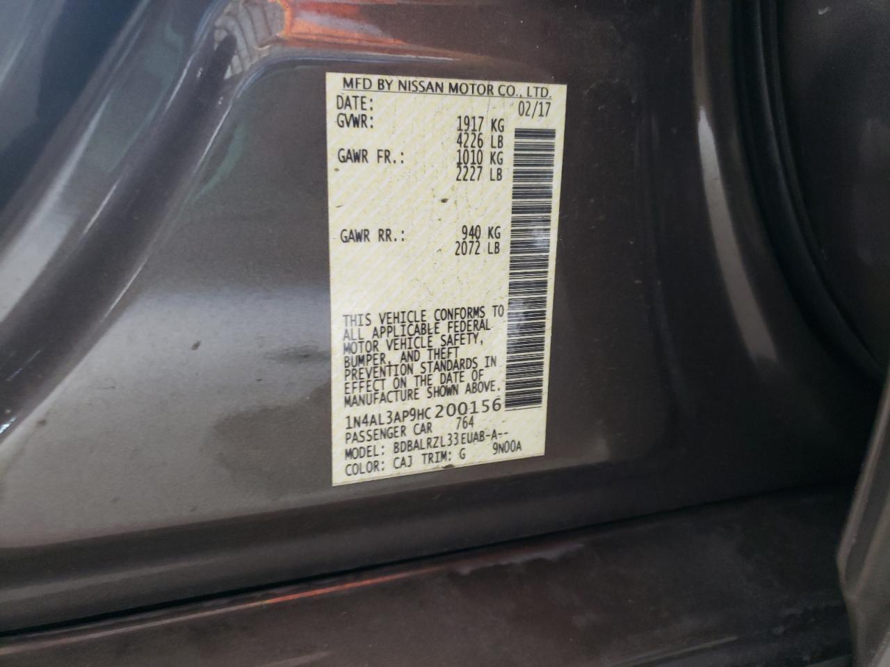 Photo 10 from auction – 2017 NISSAN ALTIMA 2.5 with VIN 1N4AL3AP9HC200156