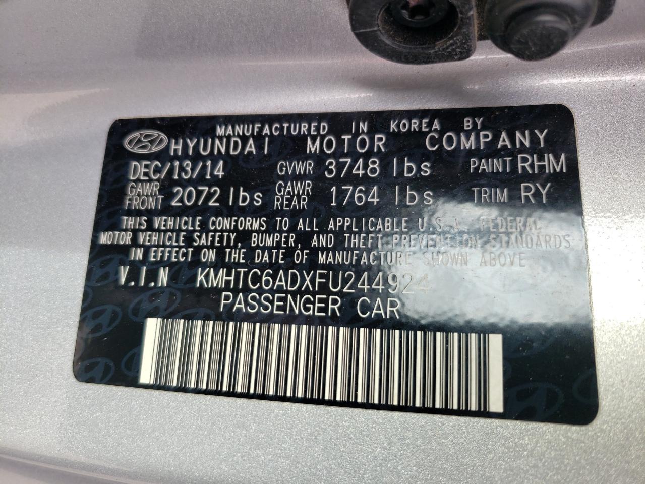 Photo 10 from auction – 2015 HYUNDAI VELOSTER with VIN KMHTC6ADXFU244924