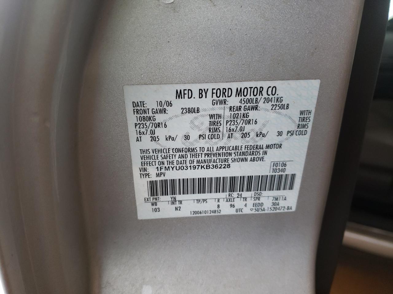 Photo 10 from auction – 2007 FORD ESCAPE XLT with VIN 1FMYU03197KB36228