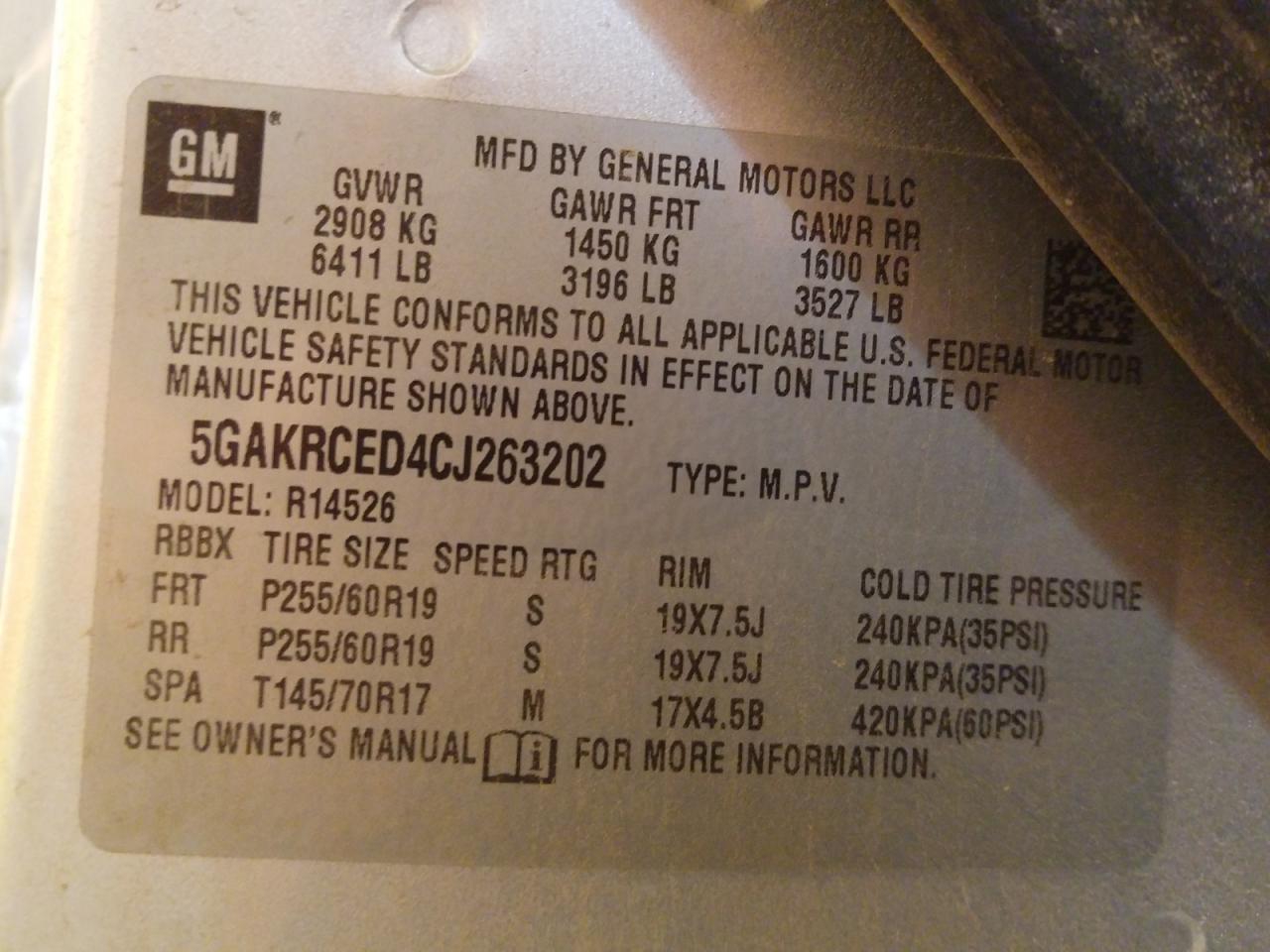 Photo 10 from auction – 2012 BUICK ENCLAVE with VIN 5GAKRCED4CJ263202
