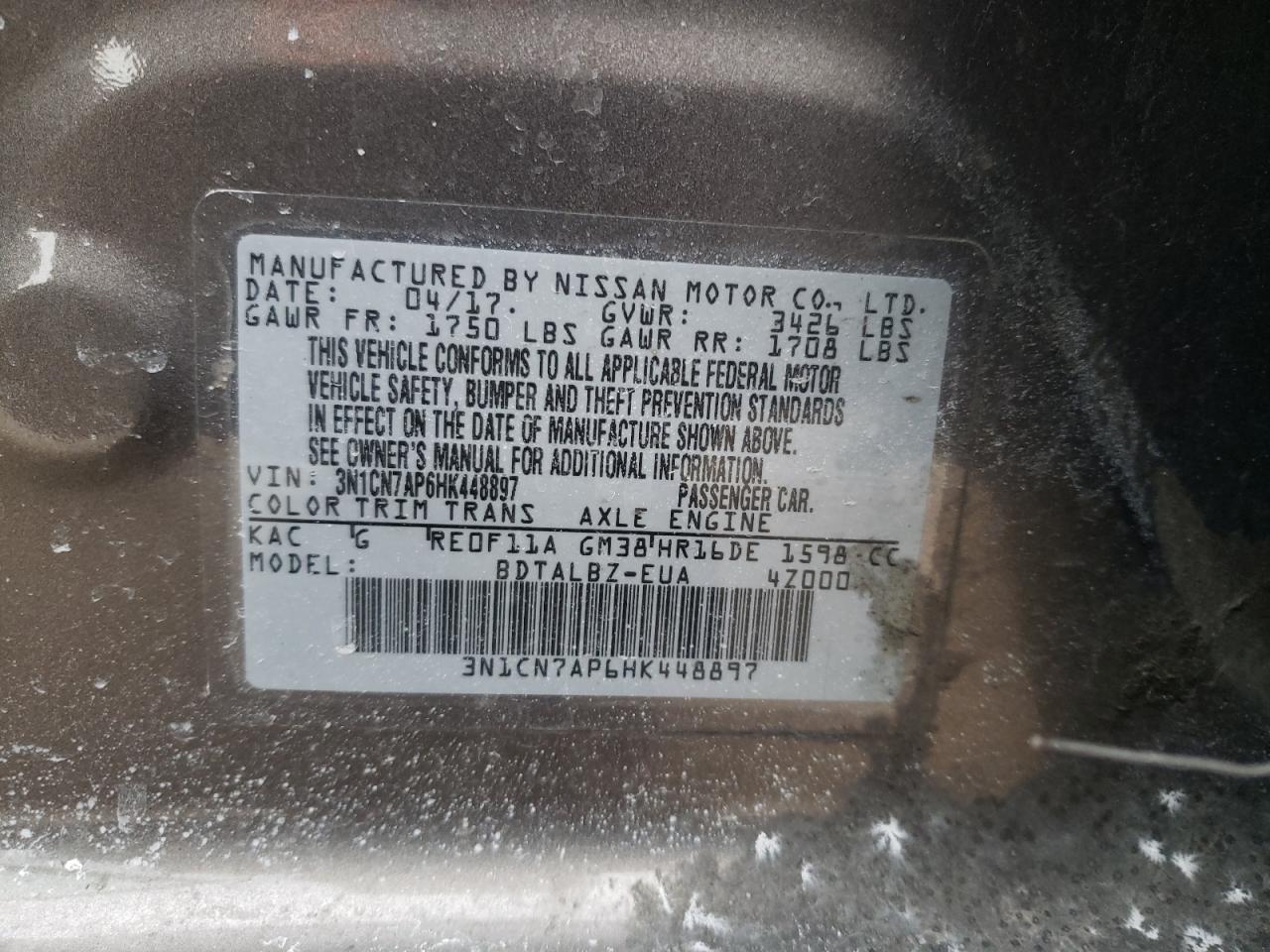 Photo 10 from auction – 2017 NISSAN VERSA S with VIN 3N1CN7AP6HK448897