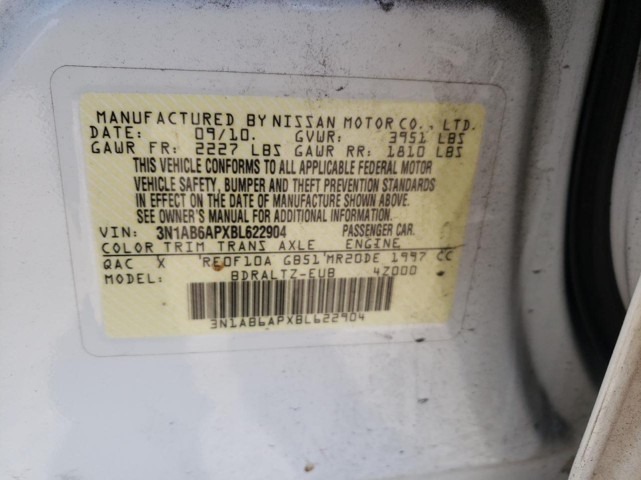 Photo 10 from auction – 2011 NISSAN SENTRA with VIN 3N1AB6APXBL622904