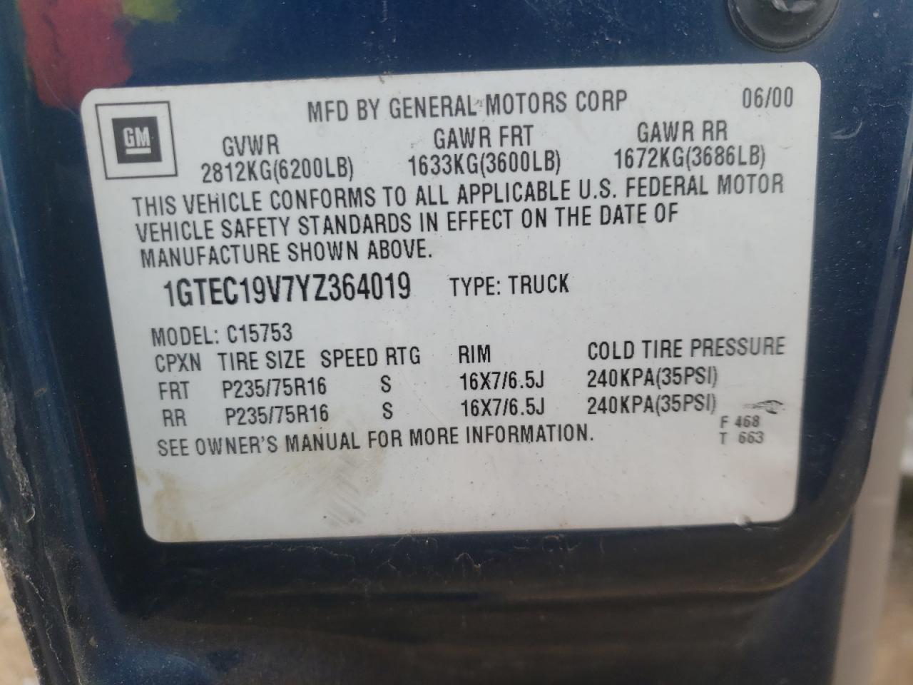 Photo 10 from auction – 2000 GMC NEW SIERRA with VIN 1GTEC19V7YZ364019