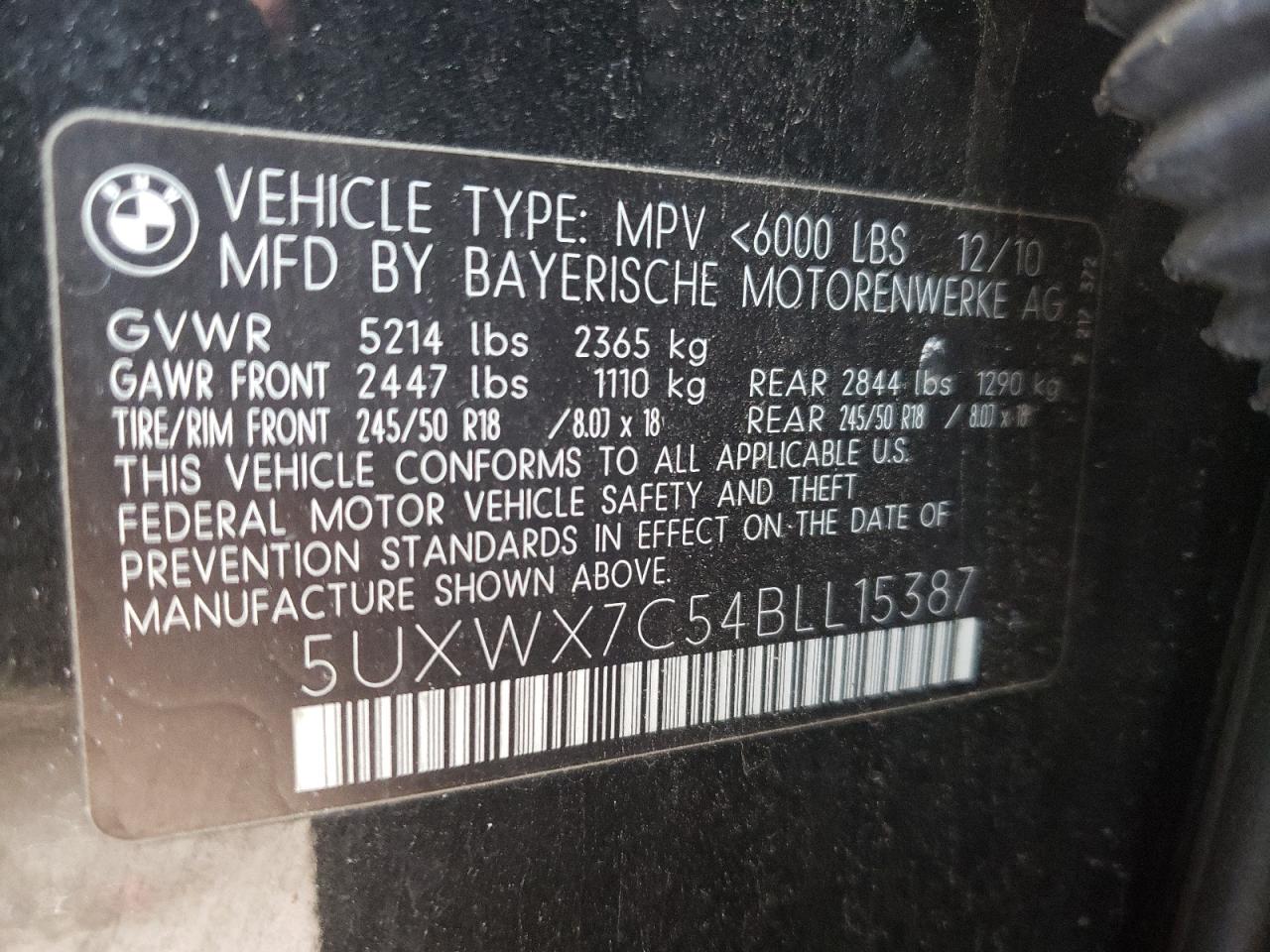 Photo 10 from auction – 2011 BMW X3 XDRIVE3 with VIN 5UXWX7C54BLL15387