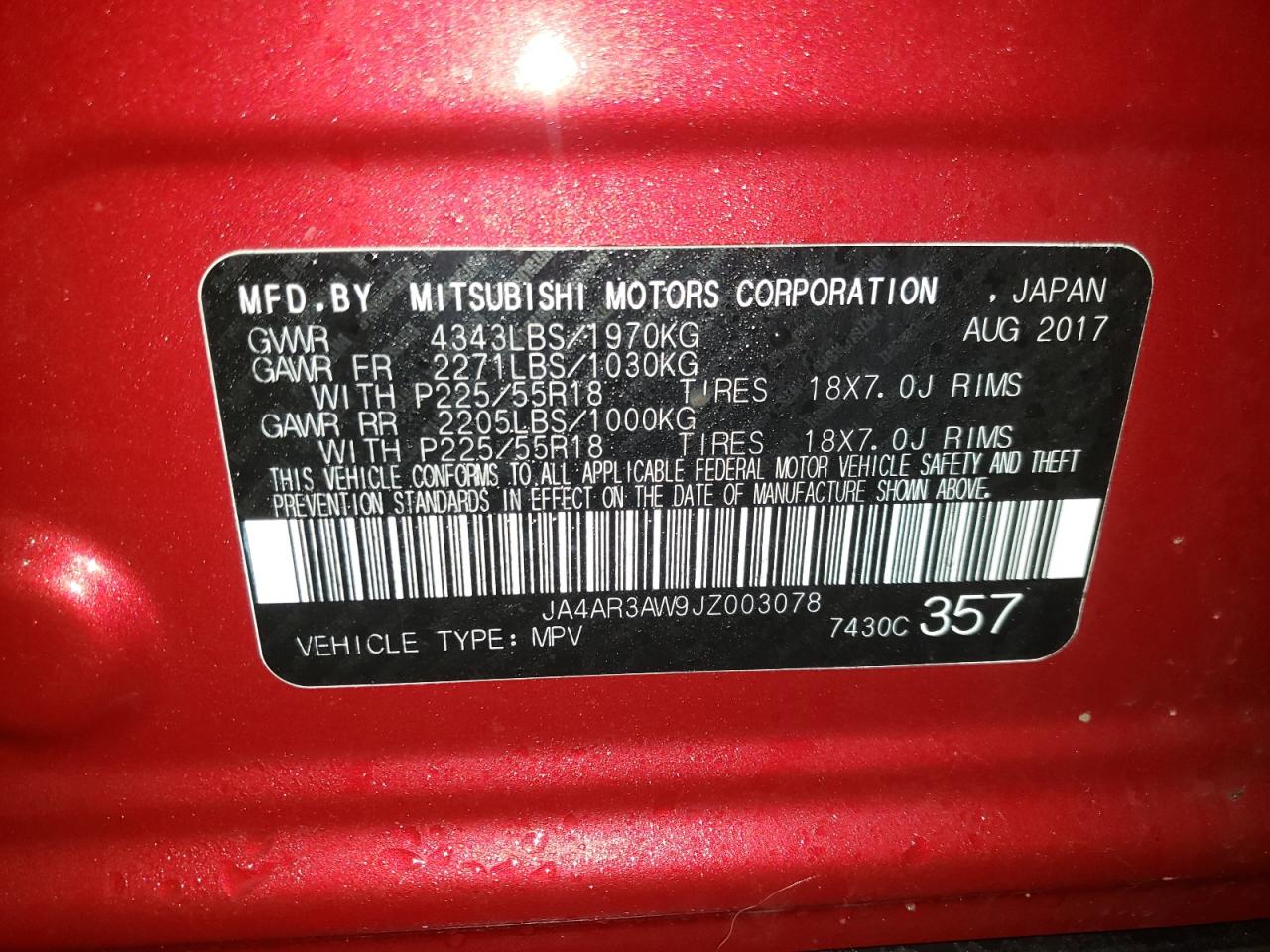 Photo 10 from auction – 2018 MITSUBISHI OUTLANDER with VIN JA4AR3AW9JZ003078