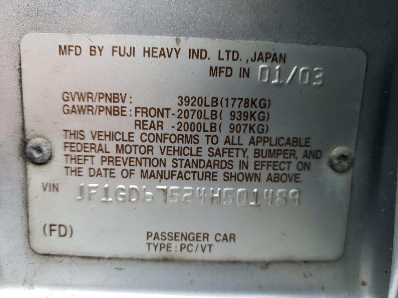 Photo 10 from auction – 2004 SUBARU IMPREZA RS with VIN JF1GD67524H501489