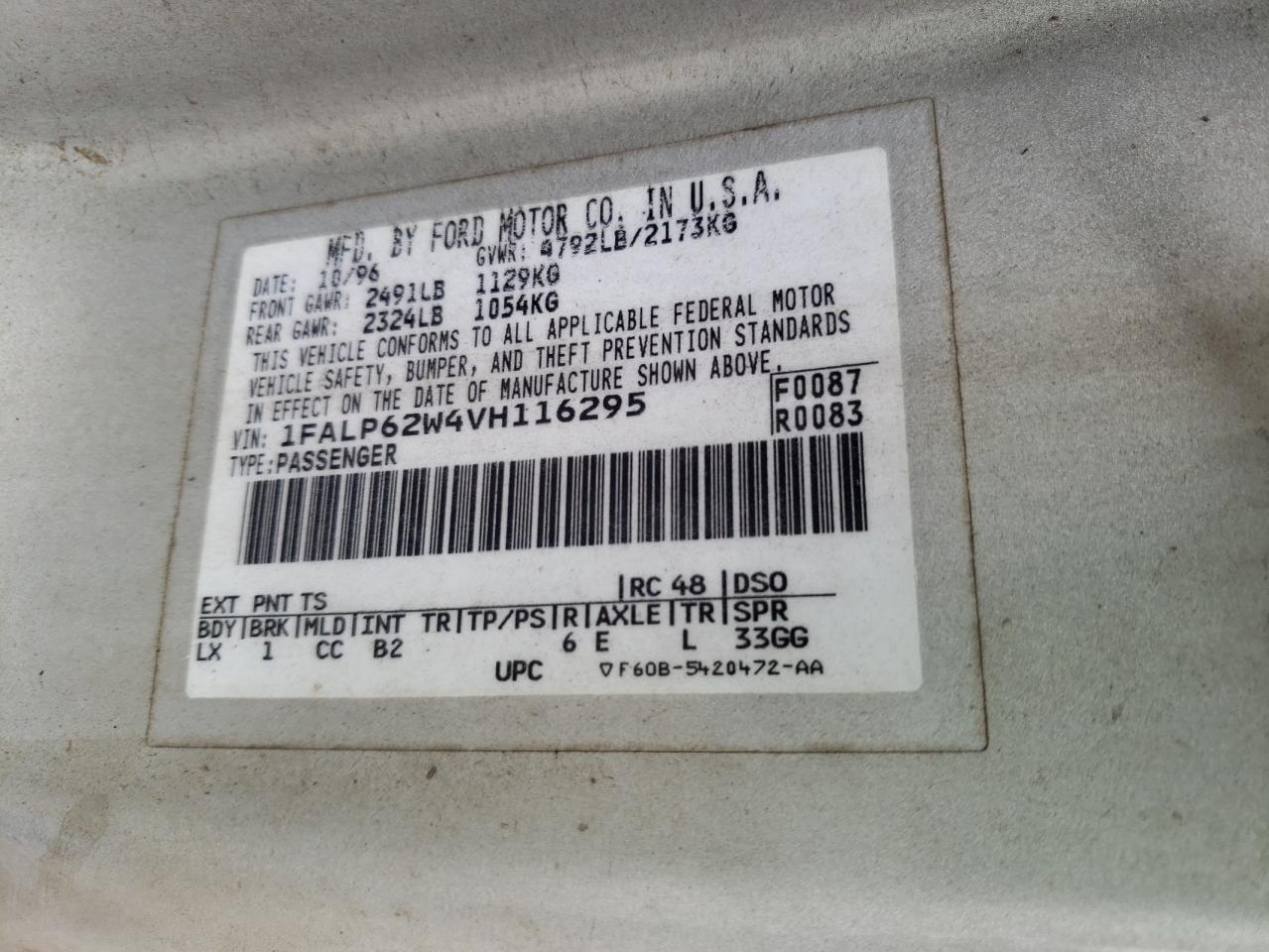 Photo 10 from auction – 1997 FORD THUNDERBIR with VIN 1FALP62W4VH116295