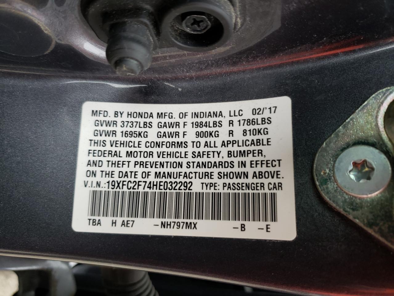 Photo 10 from auction – 2017 HONDA CIVIC EX with VIN 19XFC2F74HE032292