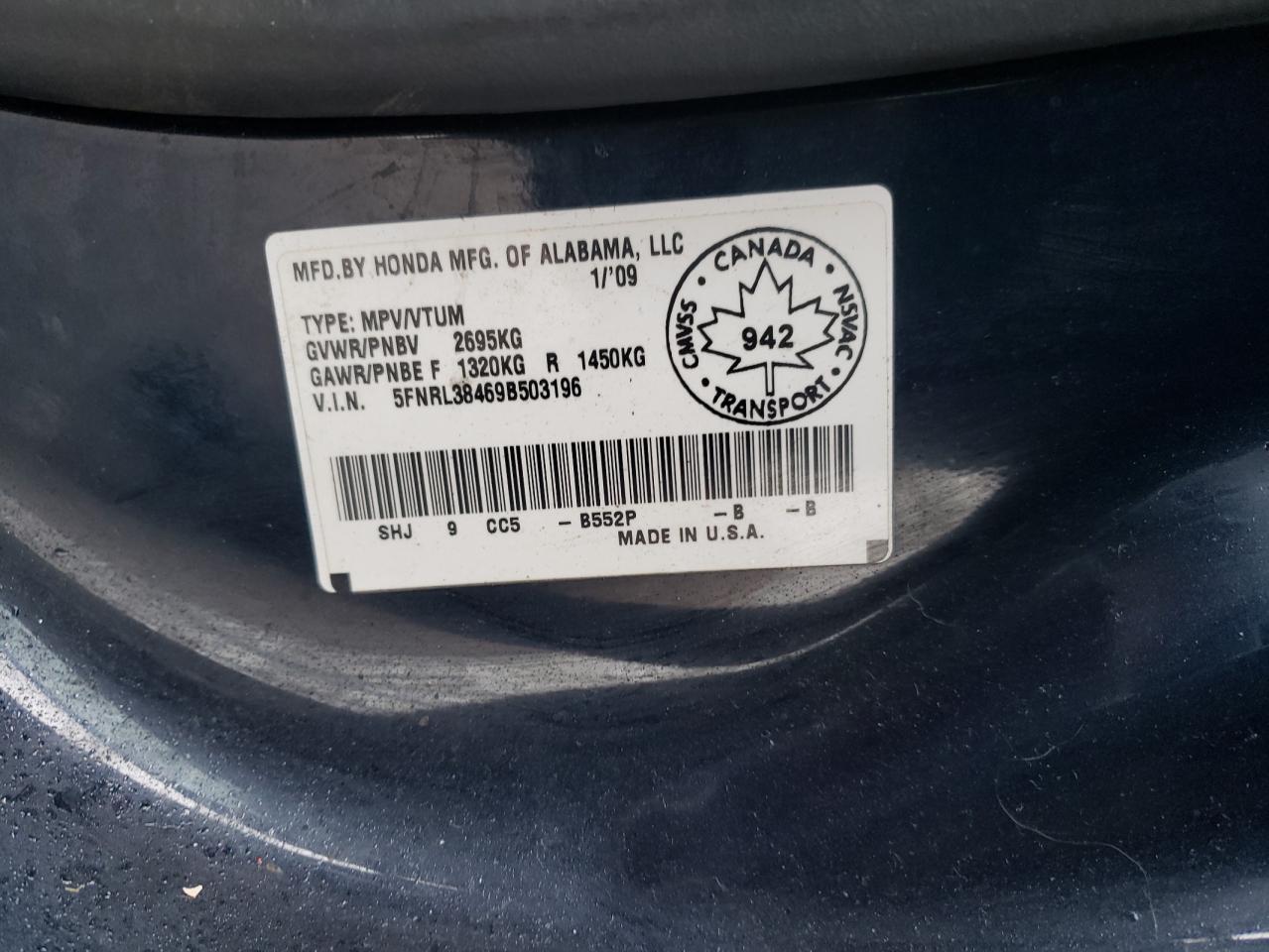Photo 10 from auction – 2009 HONDA ODYSSEY EX with VIN 5FNRL38469B503196