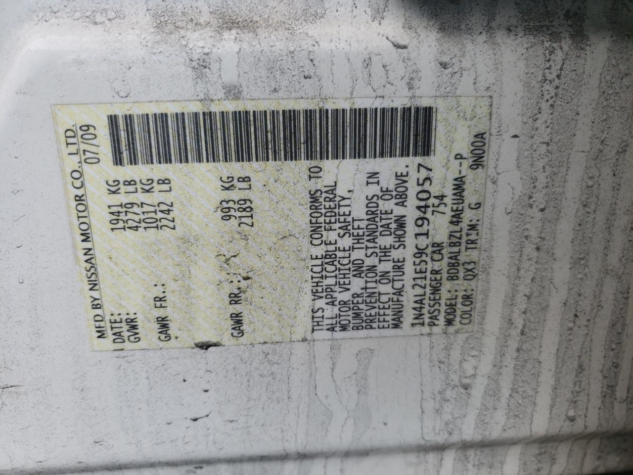 Photo 10 from auction – 2009 NISSAN ALTIMA with VIN 1N4AL21E59C194057