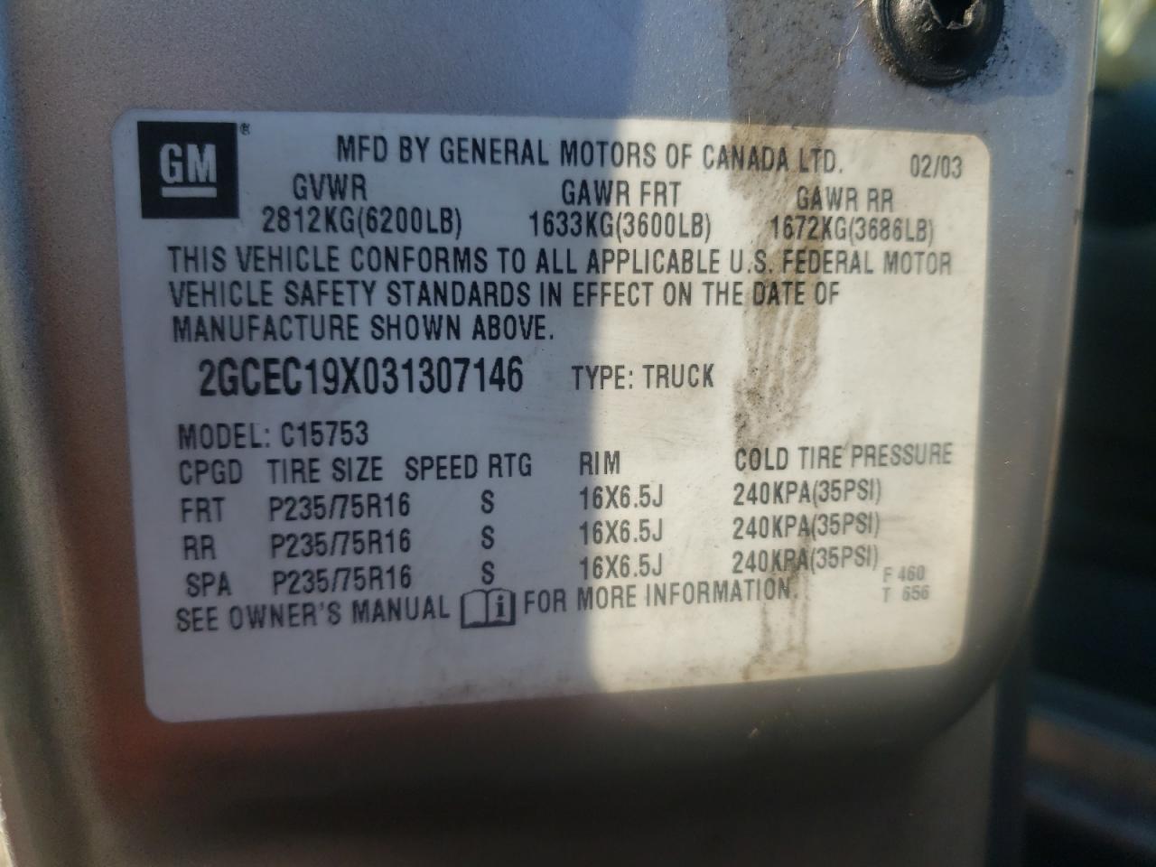 Photo 10 from auction – 2003 CHEVROLET SILVERADO with VIN 2GCEC19X031307146