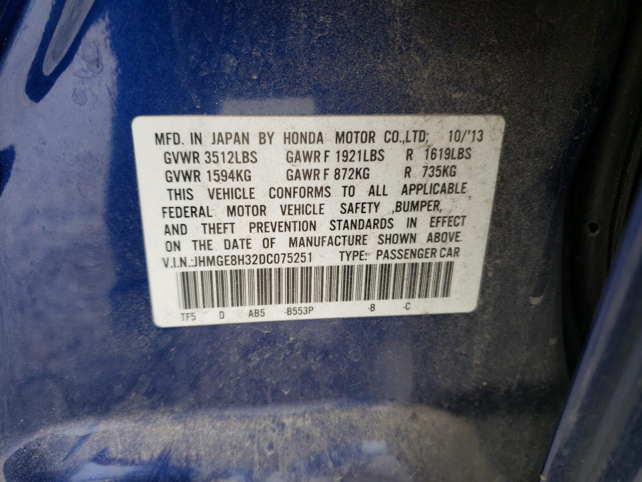 Photo 10 from auction – 2013 HONDA FIT with VIN JHMGE8H32DC075251