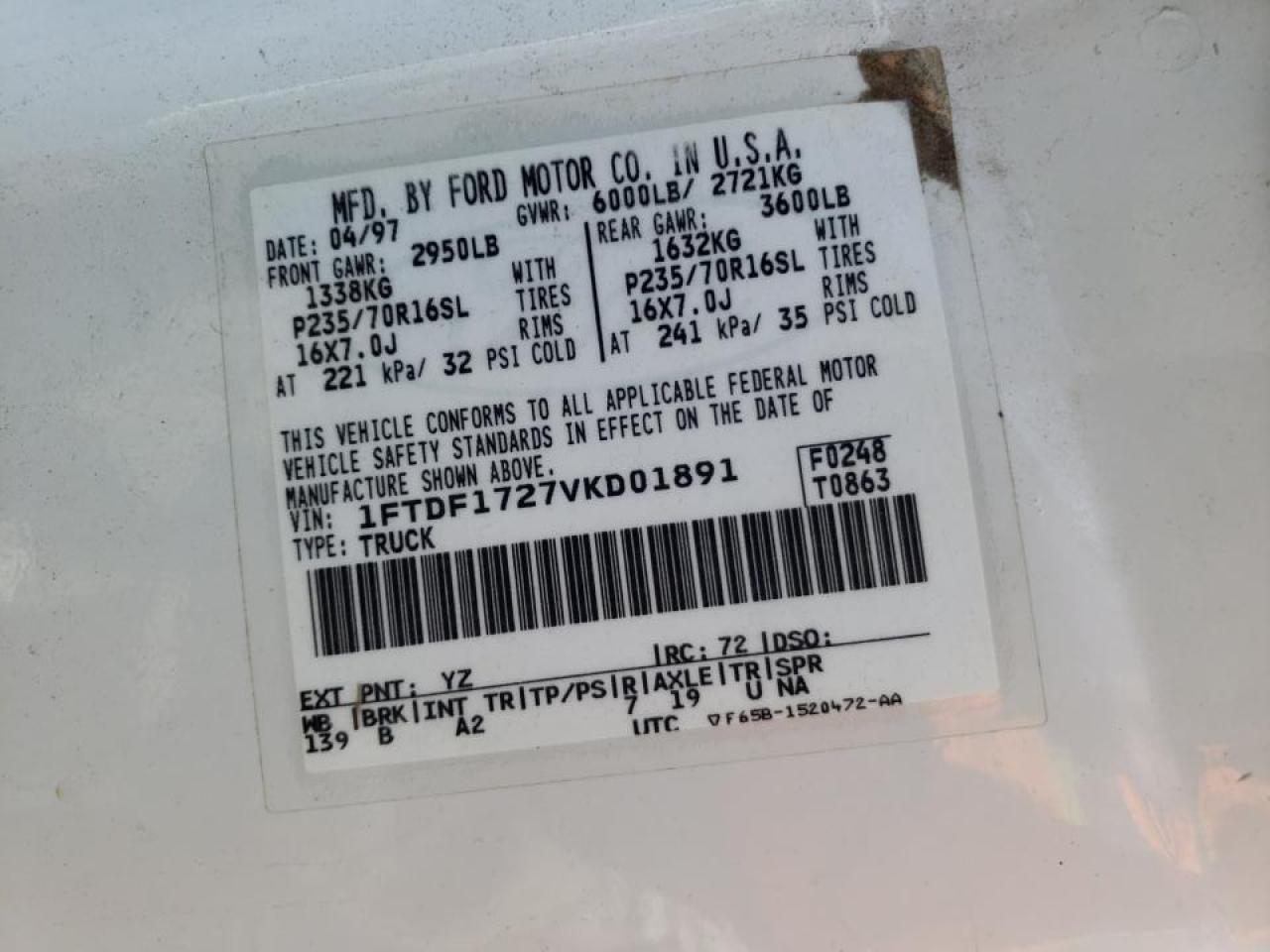 Photo 10 from auction – 1997 FORD F150 with VIN 1FTDF1727VKD01891