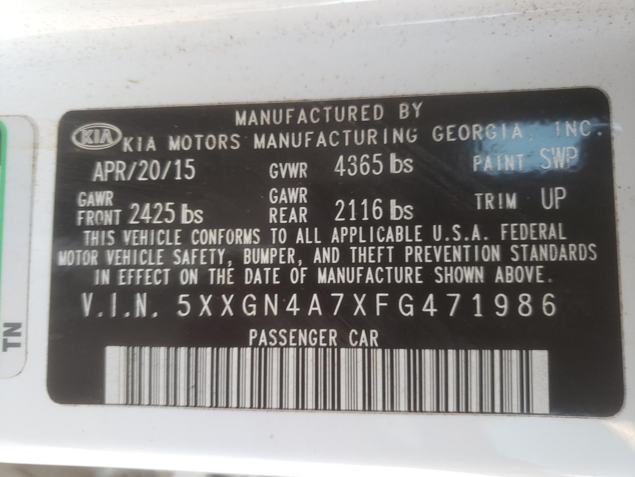 Photo 10 from auction – 2015 KIA OPTIMA EX with VIN 5XXGN4A7XFG471986