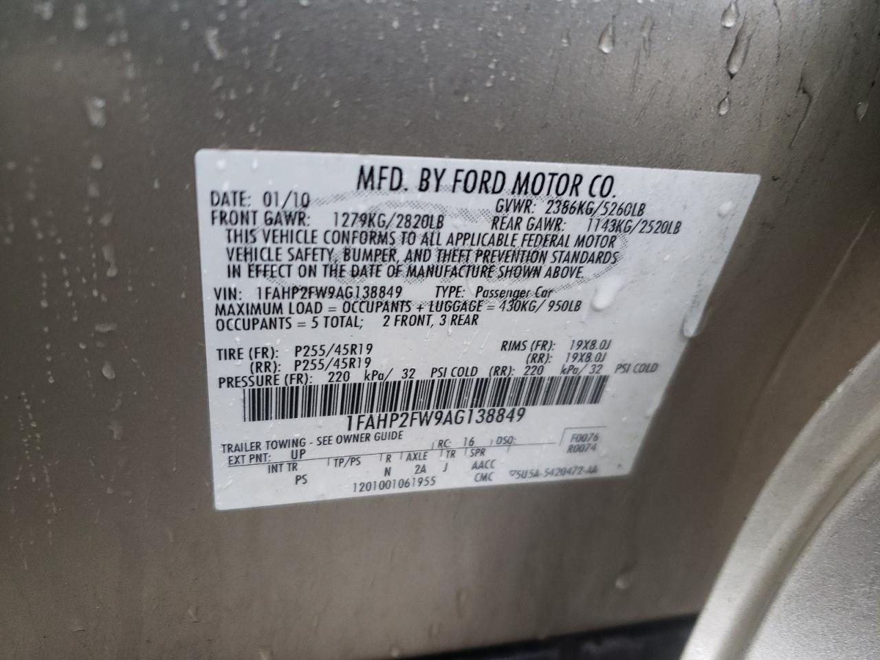 Photo 10 from auction – 2010 FORD TAURUS LIM with VIN 1FAHP2FW9AG138849