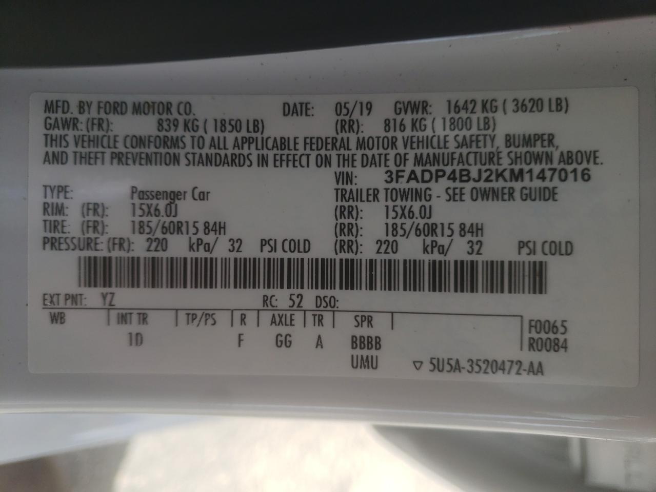 Photo 10 from auction – 2019 FORD FIESTA SE with VIN 3FADP4BJ2KM147016