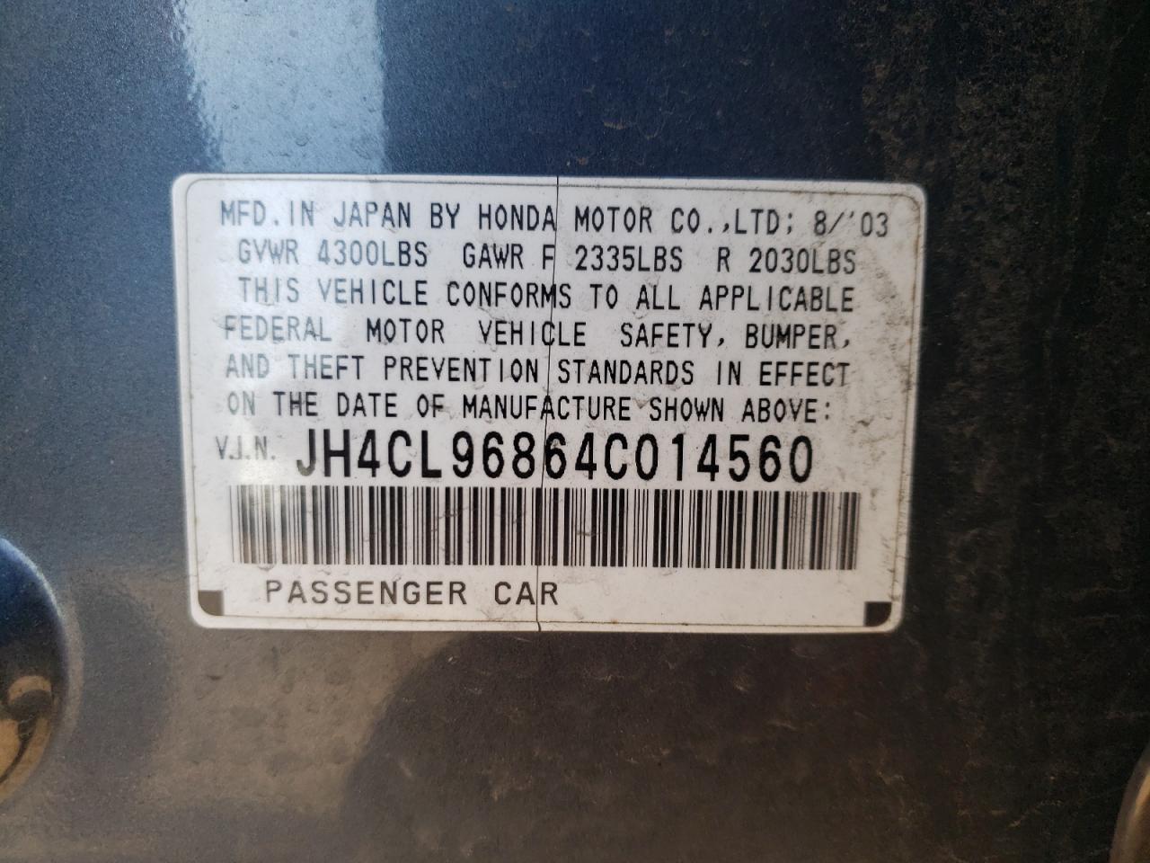Photo 10 from auction – 2004 ACURA TSX with VIN JH4CL96864C014560