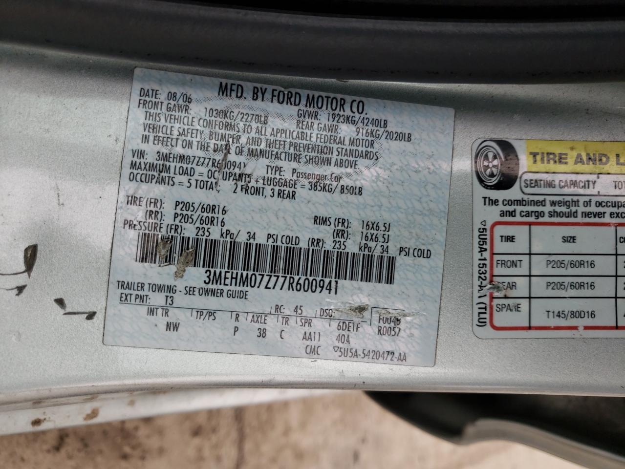 Photo 10 from auction – 2007 MERCURY MILAN with VIN 3MEHM07Z77R600941