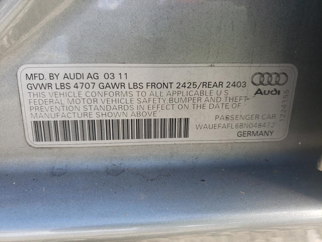 Photo 10 from auction – 2011 AUDI A4 PREMIUM with VIN WAUEFAFL6BN048472