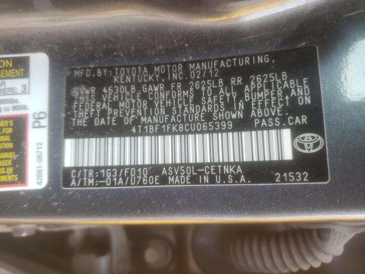 Photo 10 from auction – 2012 TOYOTA CAMRY BASE with VIN 4T1BF1FK8CU065399