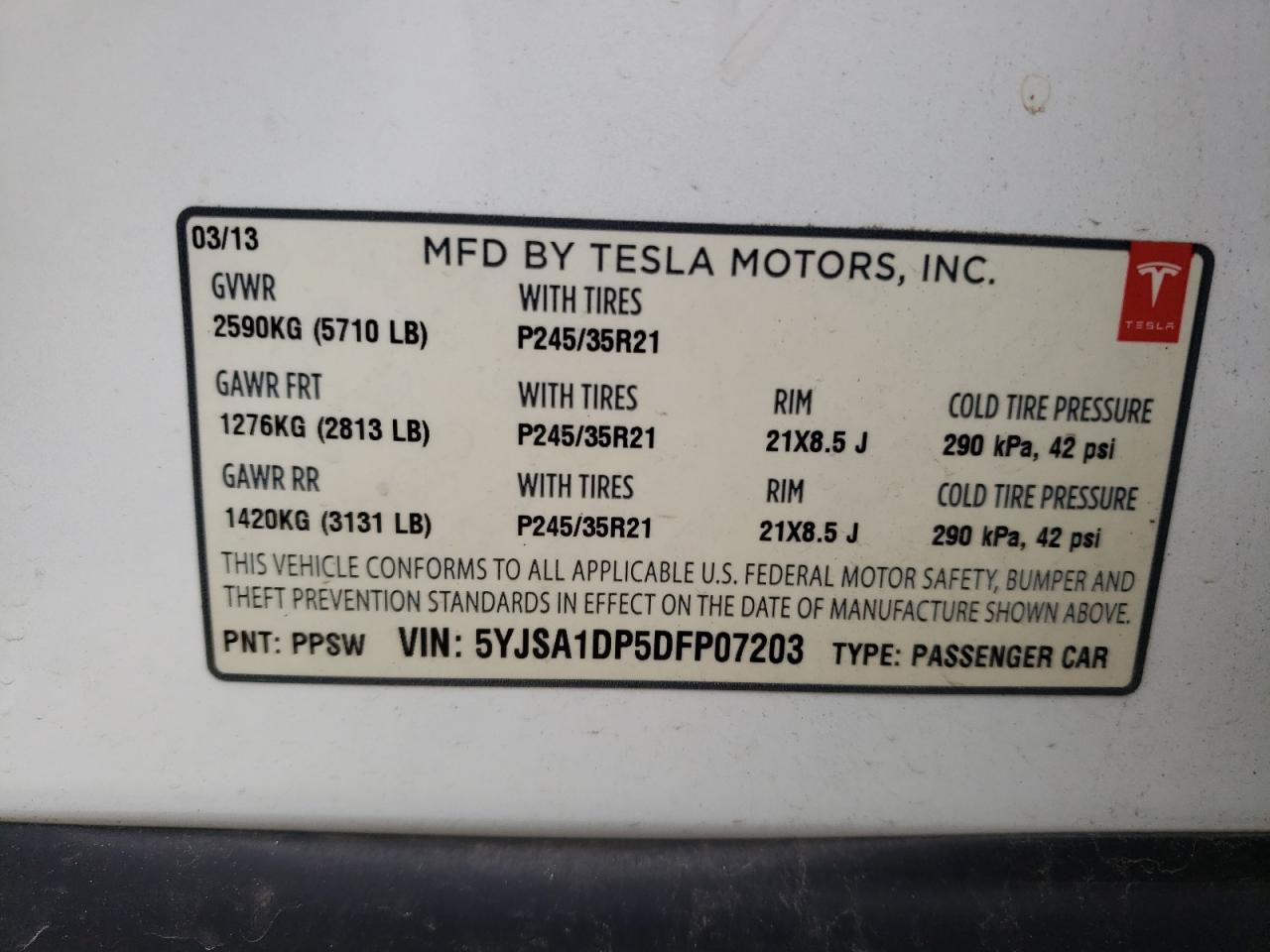 Photo 10 from auction – 2013 TESLA MODEL S with VIN 5YJSA1DP5DFP07203