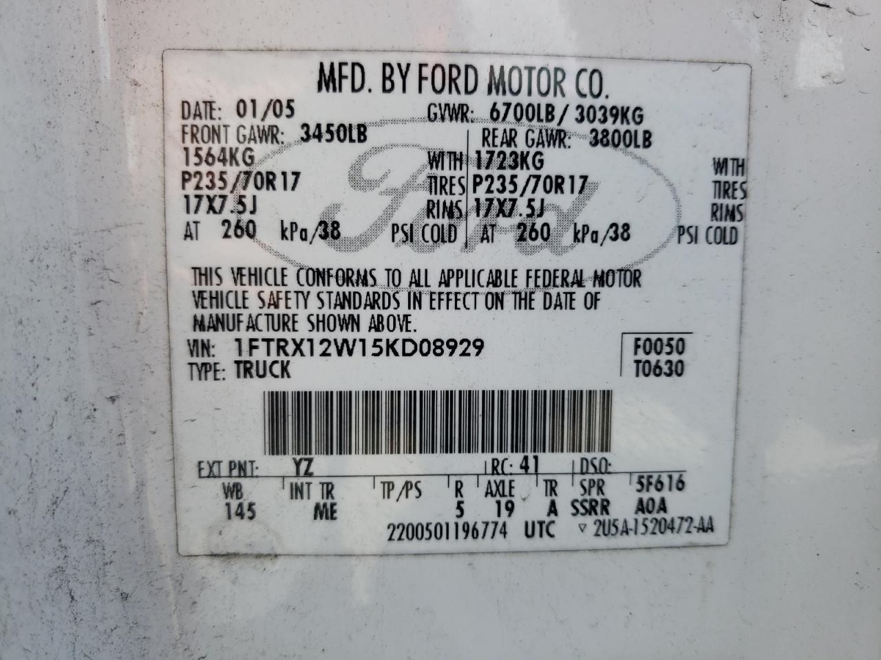 Photo 10 from auction – 2005 FORD F150 with VIN 1FTRX12W15KD08929