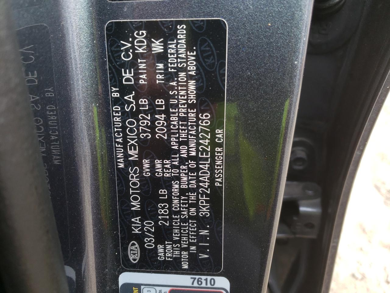 Photo 10 from auction – 2020 KIA FORTE FE with VIN 3KPF24AD4LE242766