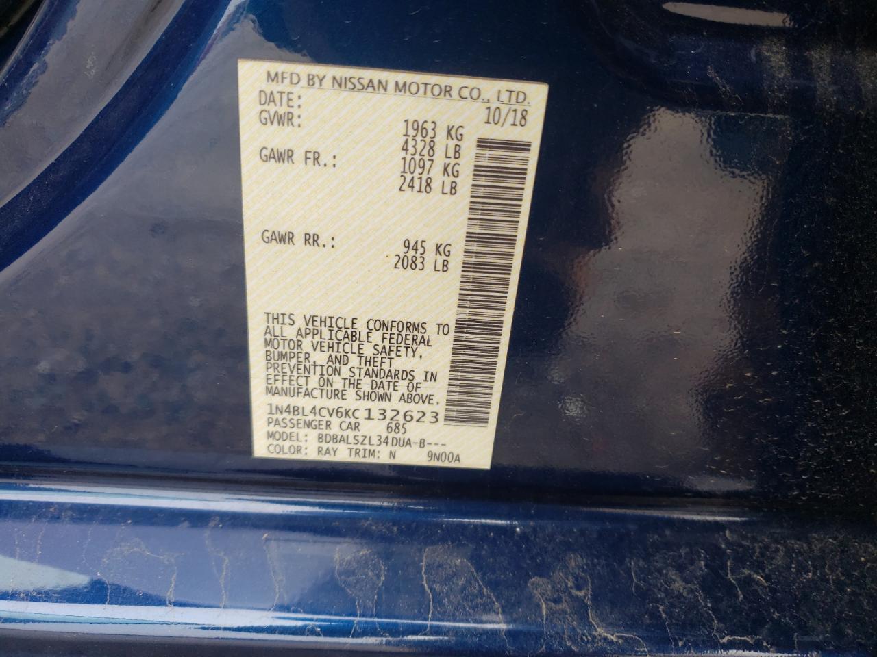 Photo 10 from auction – 2019 NISSAN ALTIMA SR with VIN 1N4BL4CV6KC132623