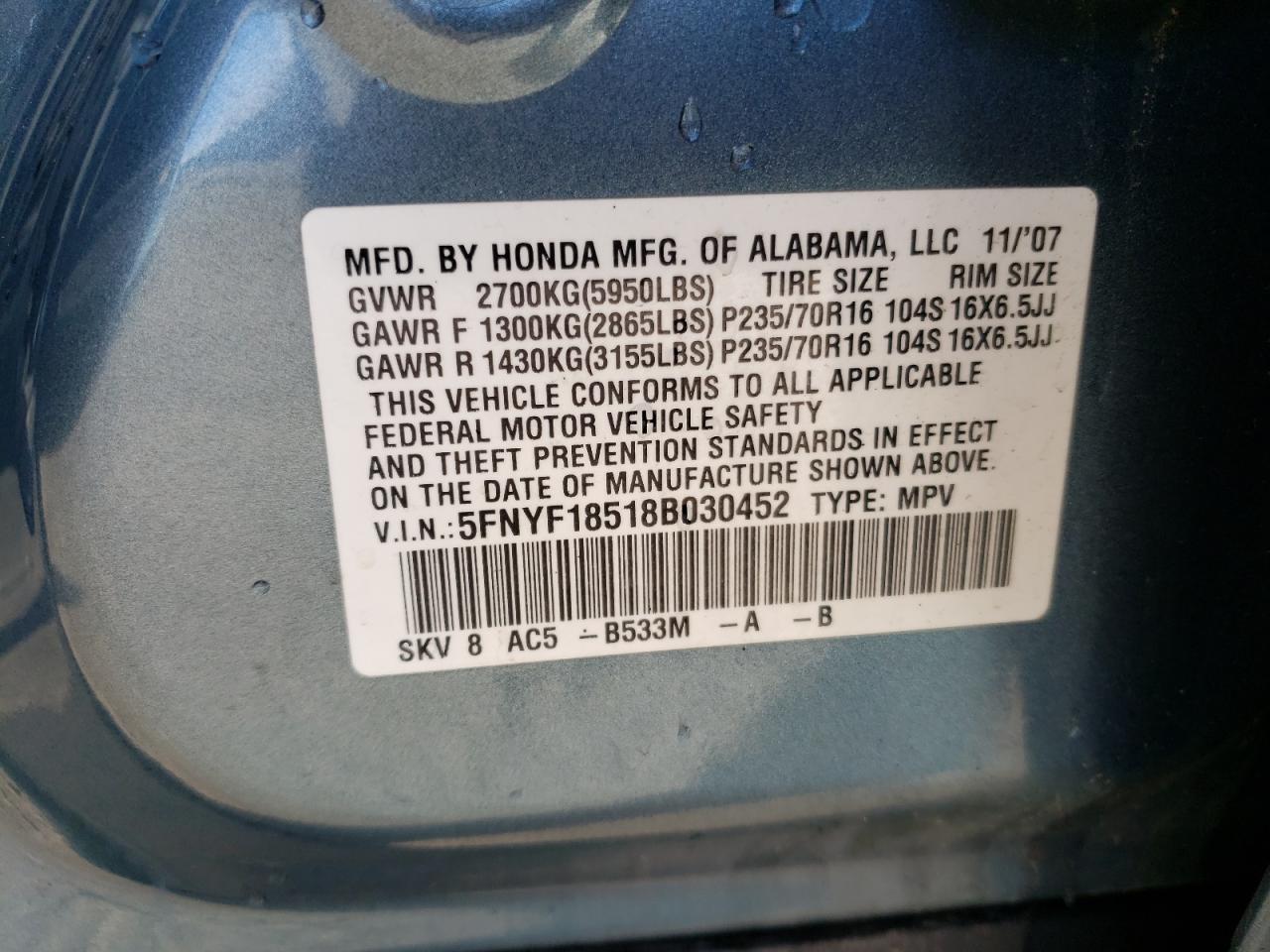 Photo 10 from auction – 2008 HONDA PILOT EXL with VIN 5FNYF18518B030452