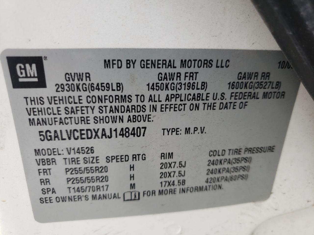 Photo 10 from auction – 2010 BUICK ENCLAVE CX with VIN 5GALVCEDXAJ148407