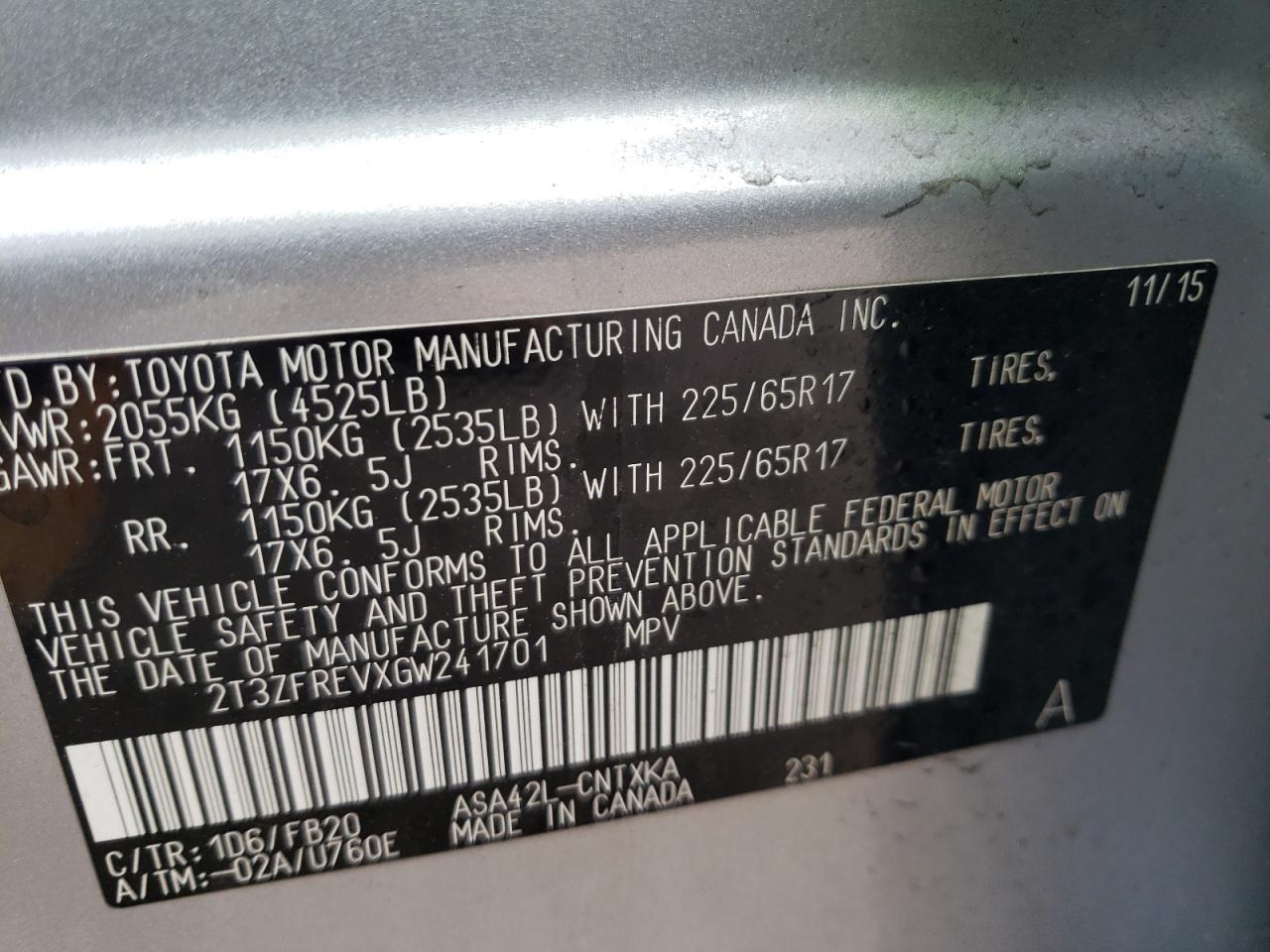 Photo 10 from auction – 2016 TOYOTA RAV4 LE with VIN 2T3ZFREVXGW241701
