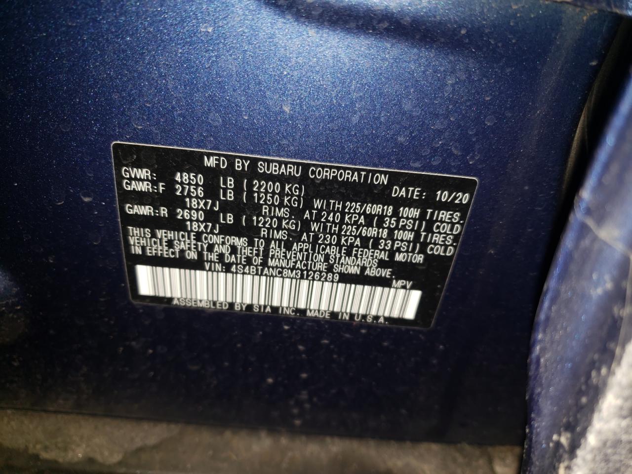 Photo 10 from auction – 2021 SUBARU OUTBACK LI with VIN 4S4BTANC8M3126289