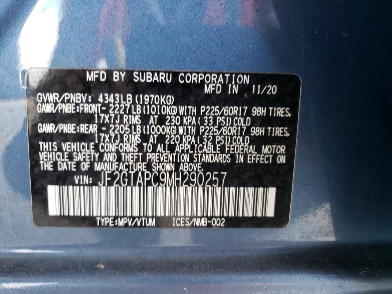 Photo 10 from auction – 2021 SUBARU CROSSTREK with VIN JF2GTAPC9MH290257