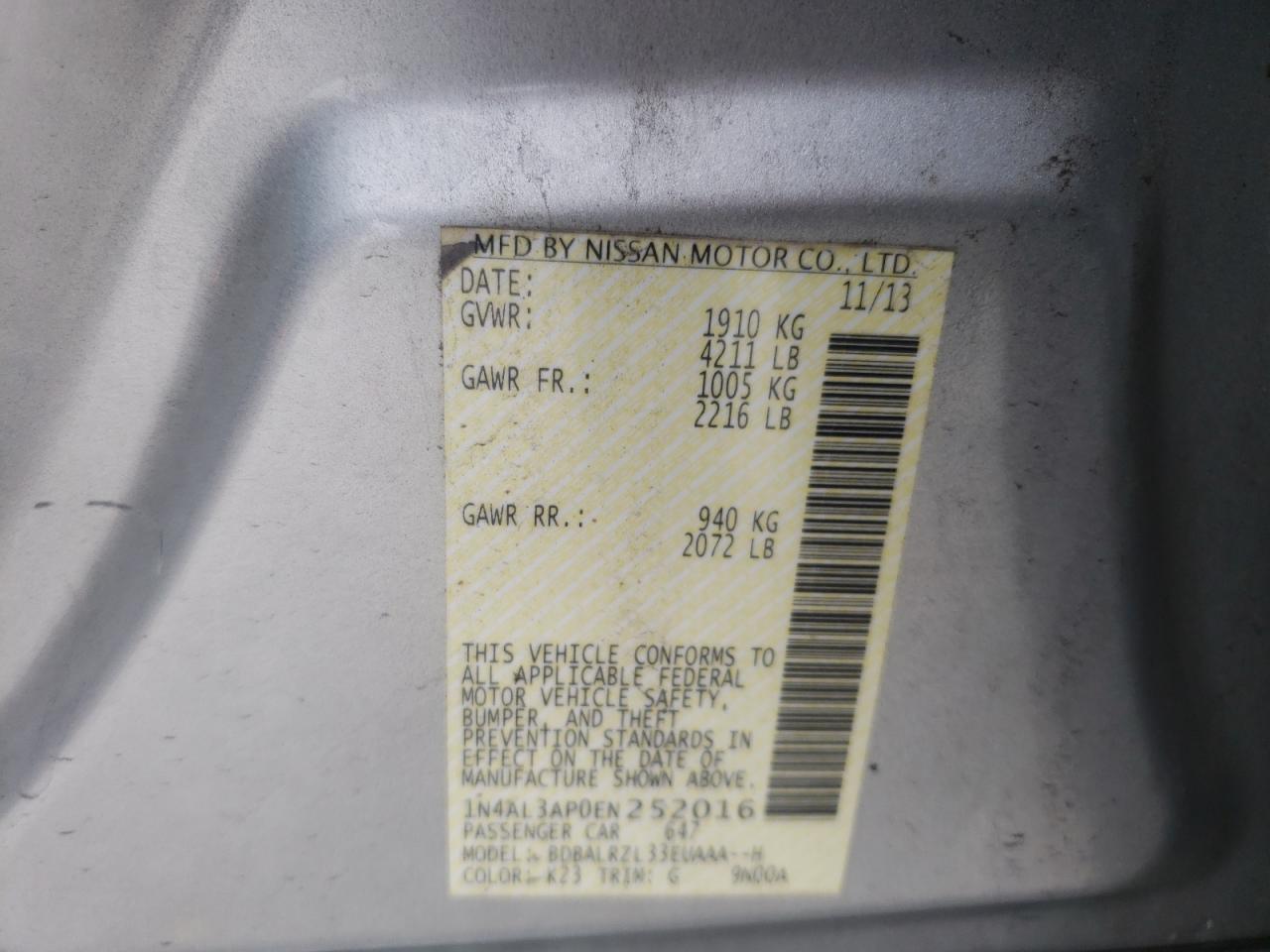 Photo 10 from auction – 2014 NISSAN ALTIMA 2.5 with VIN 1N4AL3AP0EN252016