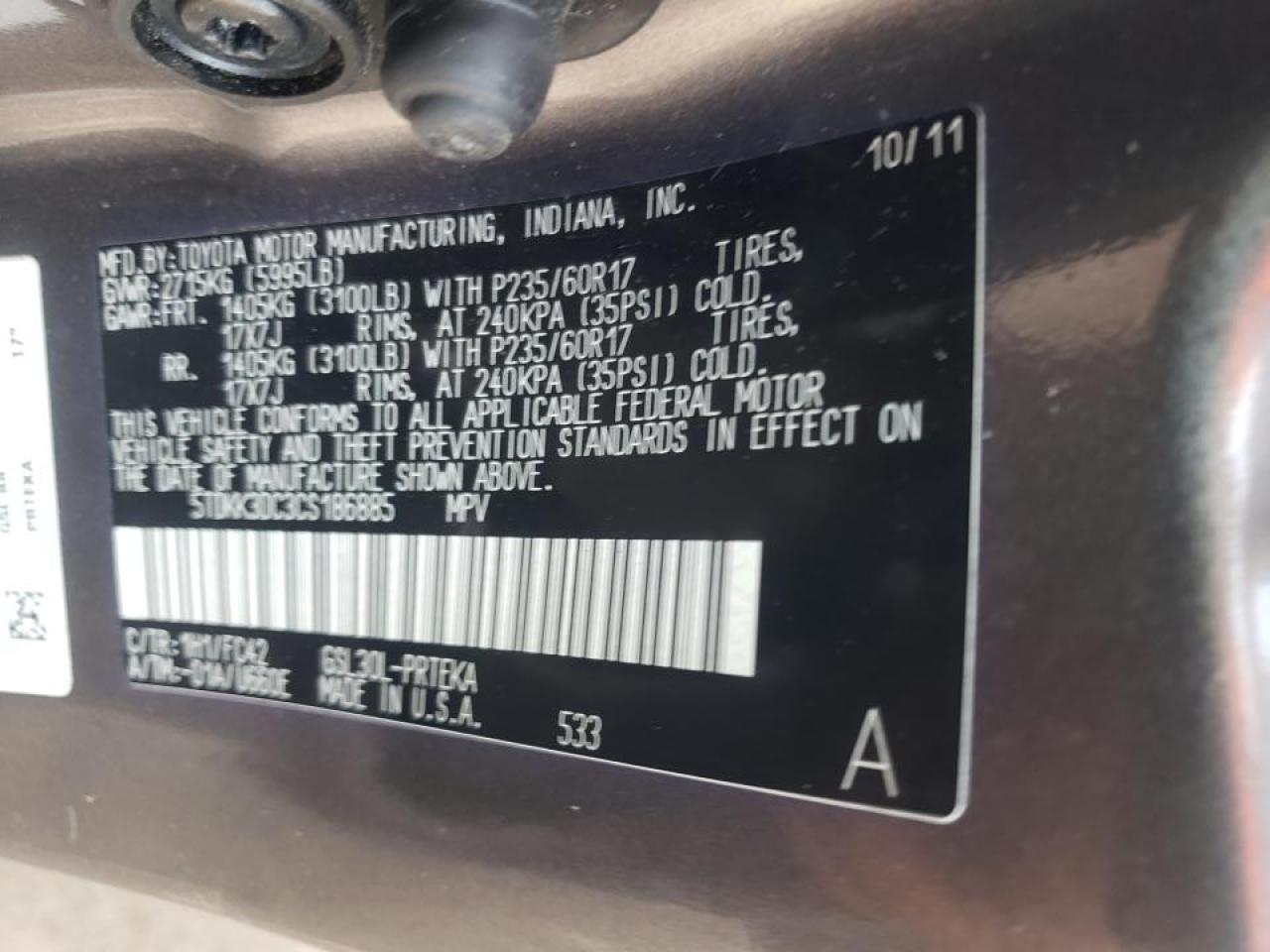 Photo 10 from auction – 2012 TOYOTA SIENNA LE with VIN 5TDKK3DC3CS186885
