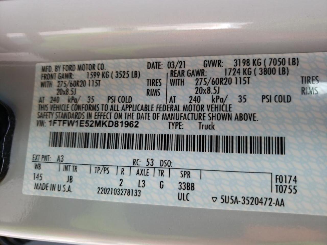 Photo 10 from auction – 2021 FORD F150 SUPER with VIN 1FTFW1E52MKD81962