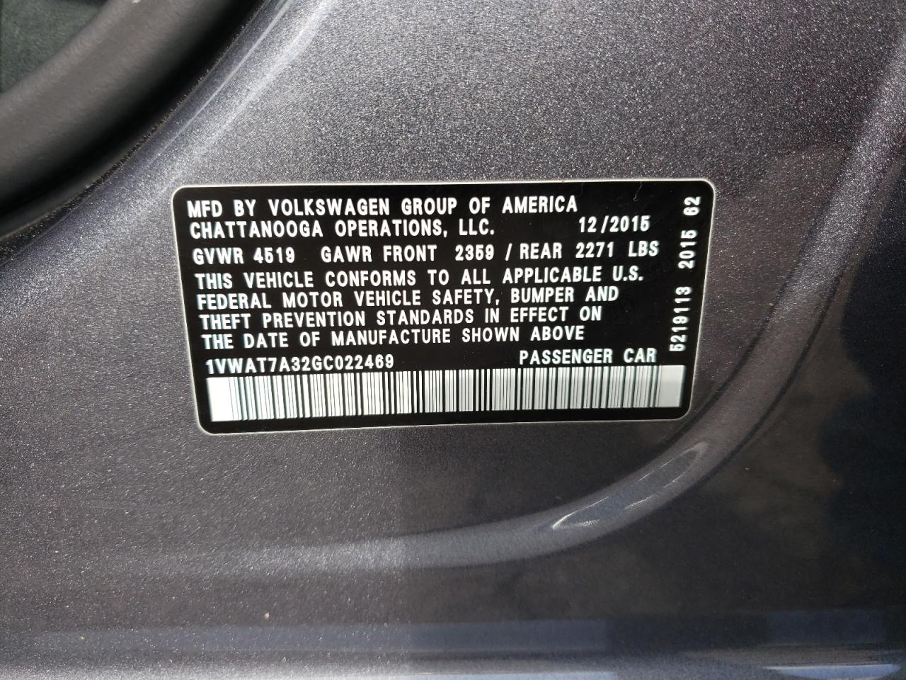 Photo 10 from auction – 2016 VOLKSWAGEN PASSAT S with VIN 1VWAT7A32GC022469
