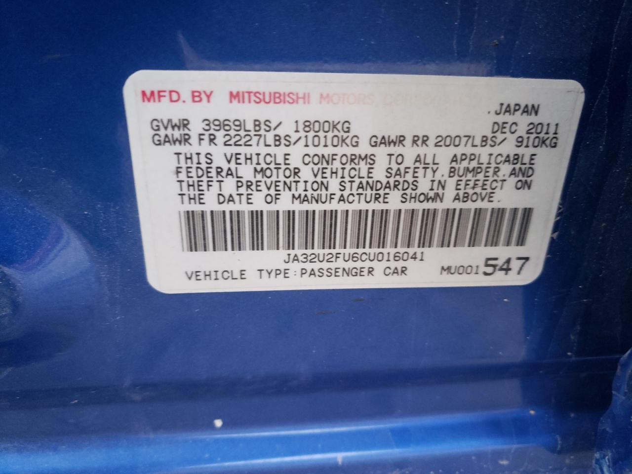 Photo 10 from auction – 2012 MITSUBISHI LANCER ES/ with VIN JA32U2FU6CU016041