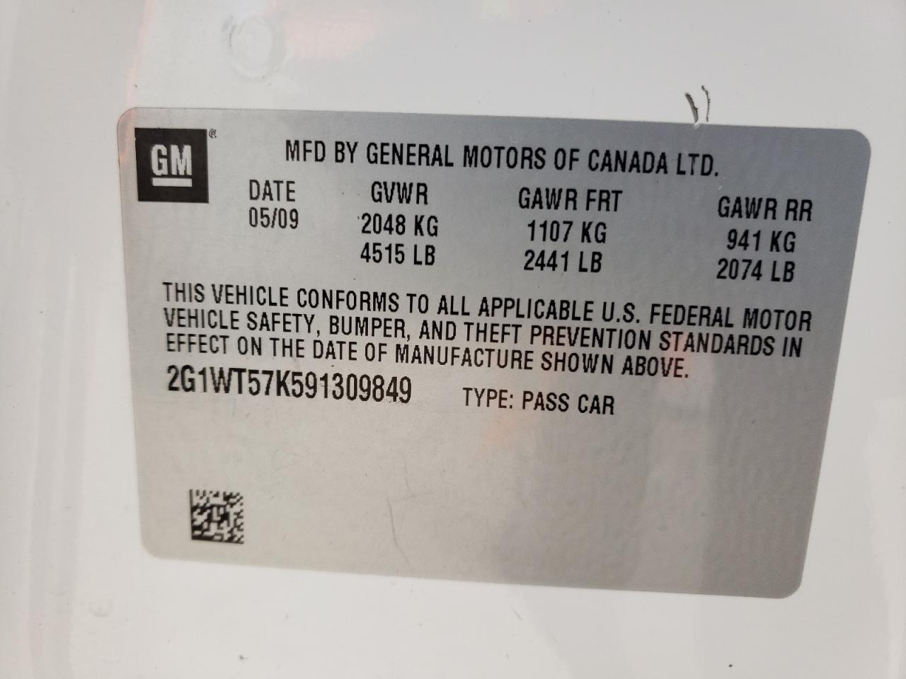 Photo 10 from auction – 2009 CHEVROLET IMPALA 1LT with VIN 2G1WT57K591309849
