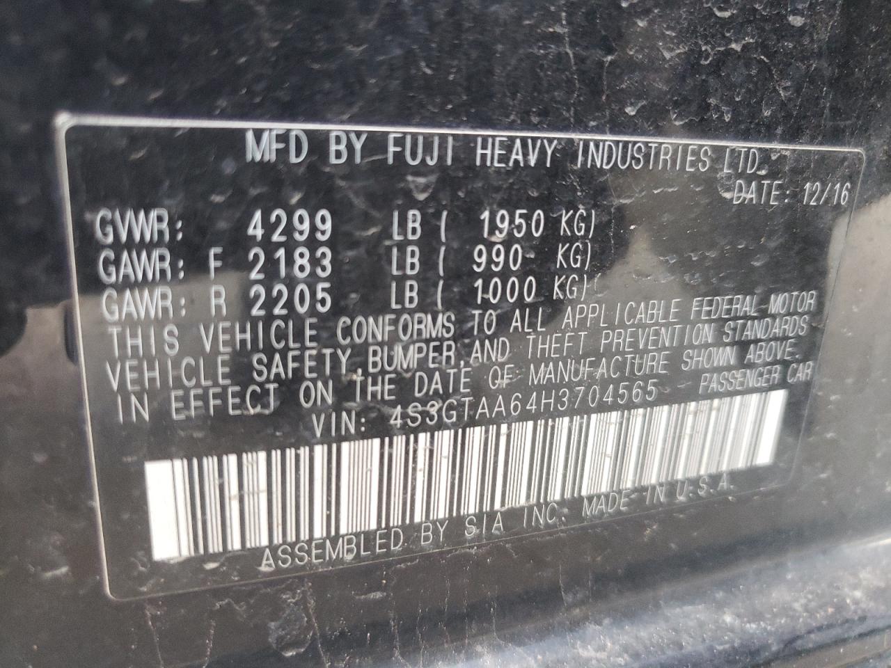 Photo 10 from auction – 2017 SUBARU IMPREZA with VIN 4S3GTAA64H3704565