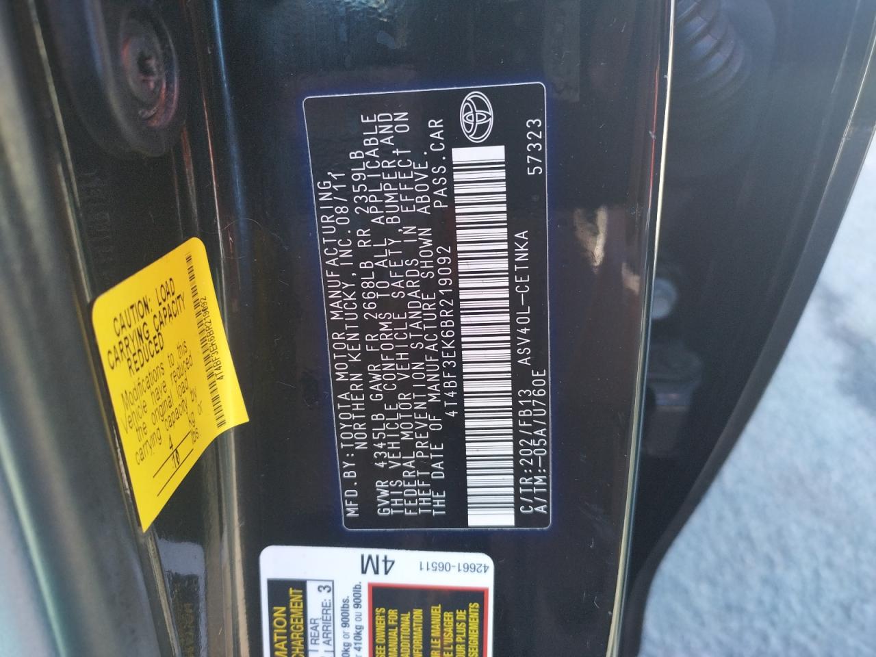 Photo 10 from auction – 2011 TOYOTA CAMRY 4D 2 with VIN 4T4BF3EK6BR219092