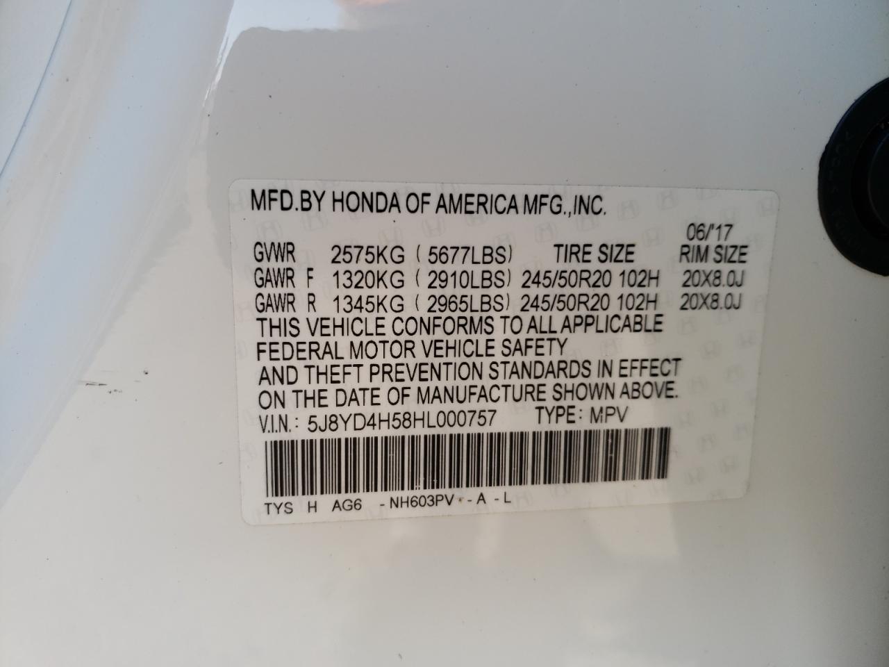 Photo 10 from auction – 2017 ACURA MDX TECHNO with VIN 5J8YD4H58HL000757